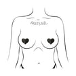 Pastease Petites Liquid Hearts Pasties Black 2-pack displayed on a stylized figure with heart-shaped pasties.