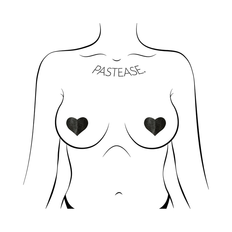Pastease Petites Liquid Hearts Pasties Black 2-pack displayed on a stylized figure with heart-shaped pasties.