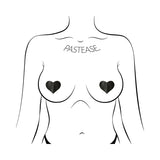 Pastease Petites Liquid Hearts Pasties Black 2-pack displayed on a stylized figure with heart-shaped pasties.