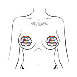 Pastease Happy Birthday Cloud Rainbow Pasties on a model, showcasing the playful design perfect for celebrations.