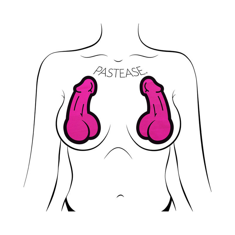 Pastease Penis Nipple Pasties Neon Pink displayed on a model, featuring playful penis-shaped design in vivid neon pink.