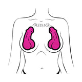 Pastease Penis Nipple Pasties Neon Pink displayed on a model, featuring playful penis-shaped design in vivid neon pink.