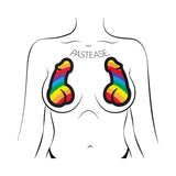 Pastease Penis Pride Pasties Rainbow on illustrated figure, featuring colorful phallic designs for Pride celebrations.