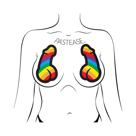 Pastease Penis Pride Pasties Rainbow on illustrated figure, featuring colorful phallic designs for Pride celebrations.