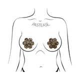 Pastease Lace Flower Nipple Pasties Beige and Black displayed on a fashion illustration model.