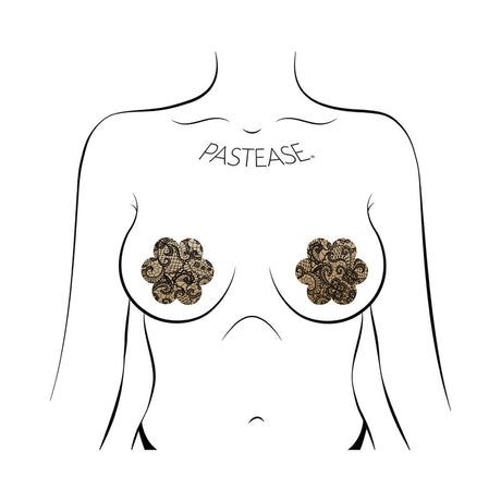 Pastease Lace Flower Nipple Pasties Beige and Black displayed on a fashion illustration model.