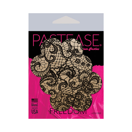 Pastease Lace Flower Nipple Pasties Beige and Black showcased in packaging with lace design.