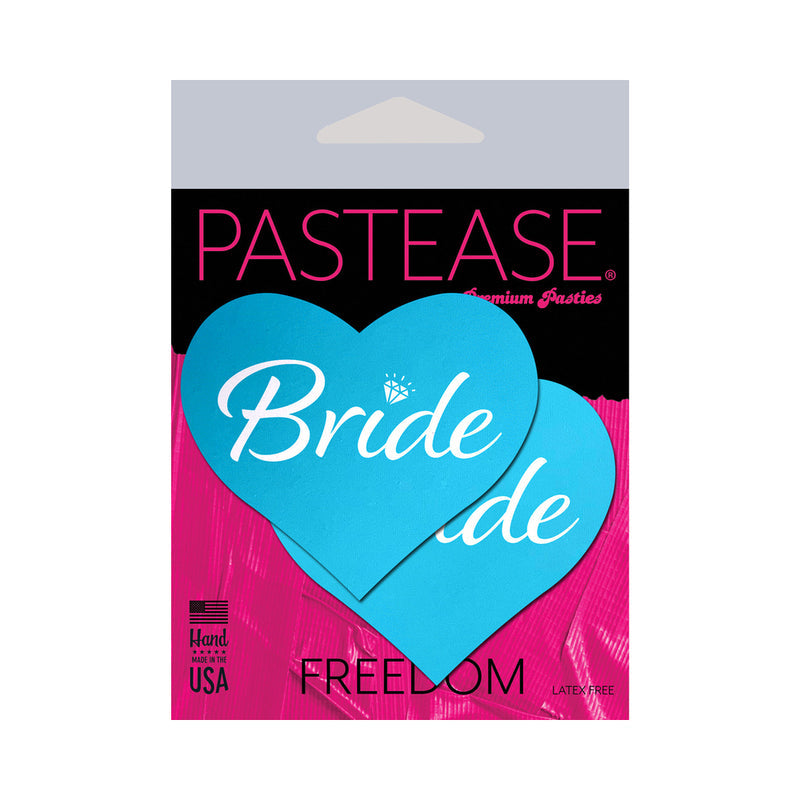 Pastease Bride Blue Heart Pasties package showcasing heart-shaped blue pasties with 'Bride' text.