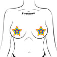 Pastease Glitter Pumping Star Pasties Rainbow on a model, showcasing vibrant rainbow glitter star designs.