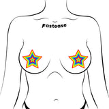 Pastease Glitter Pumping Star Pasties Rainbow on a model, showcasing vibrant rainbow glitter star designs.