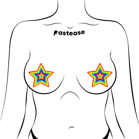 Pastease Glitter Pumping Star Pasties Rainbow on a model, showcasing vibrant rainbow glitter star designs.