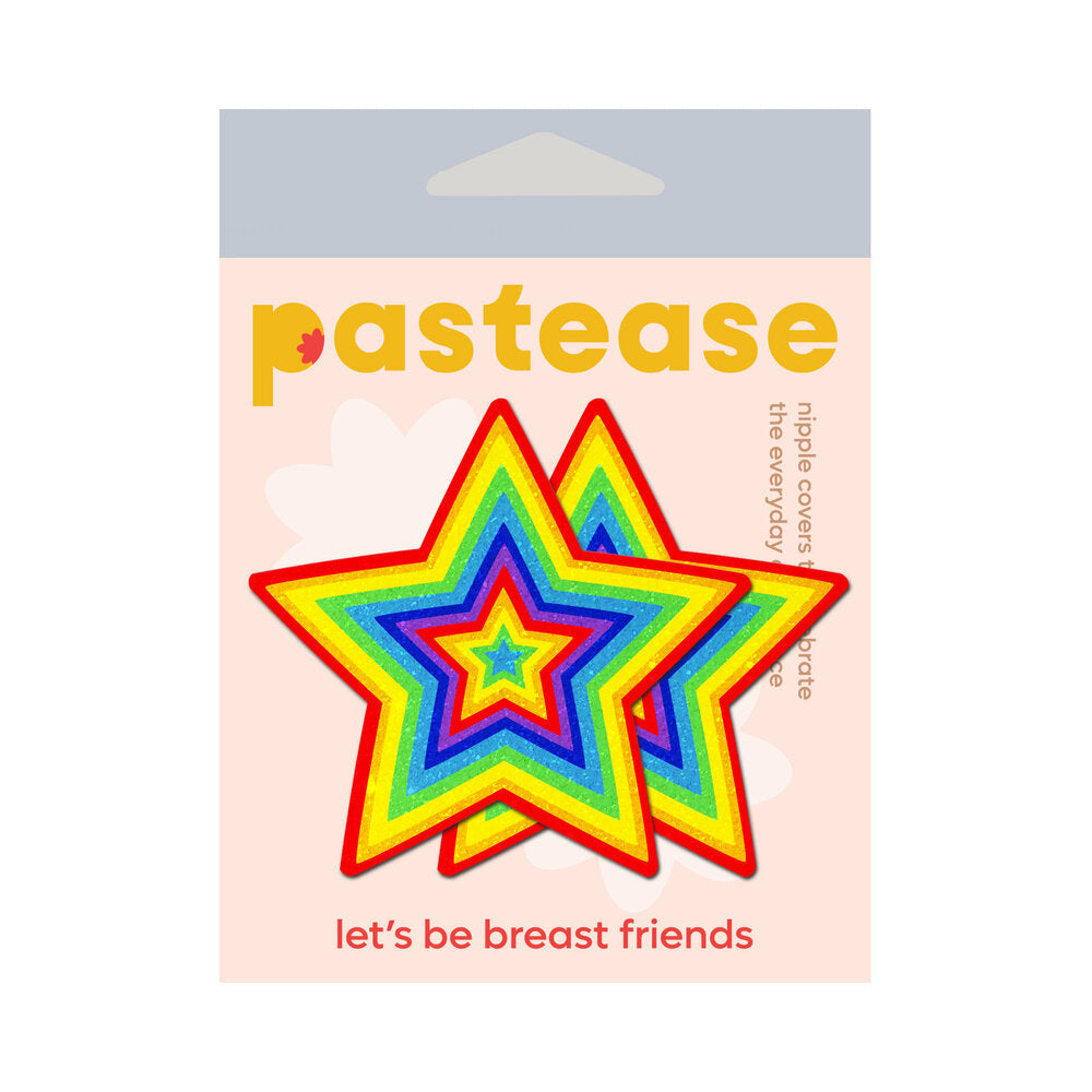 Pastease Glitter Pumping Star Pasties Rainbow packaging featuring vibrant star-shaped nipple covers.