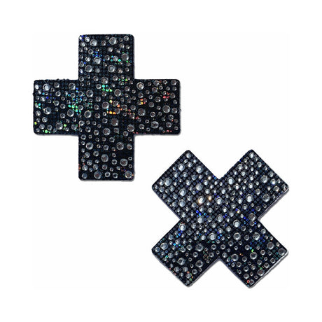 Pastease Crystal Sparkling Crosses Pasties Black with shimmering rhinestones in cross shape, ideal for bold styling.