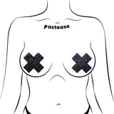 Pastease Crystal Sparkling Crosses Pasties Black on a model with a bold, glamorous design showcasing crystal detail.