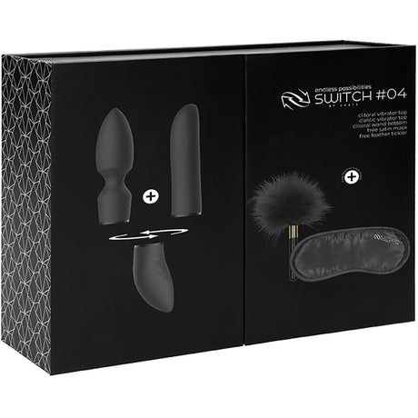 Shots Toys Pleasure Kit #4 Vibrator Set Black packaging showcasing a versatile vibrator set with various attachments.