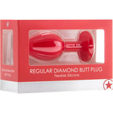 Ouch Regular Diamond Butt Plug Red in packaging showcasing smooth silicone design and jewel-like base.
