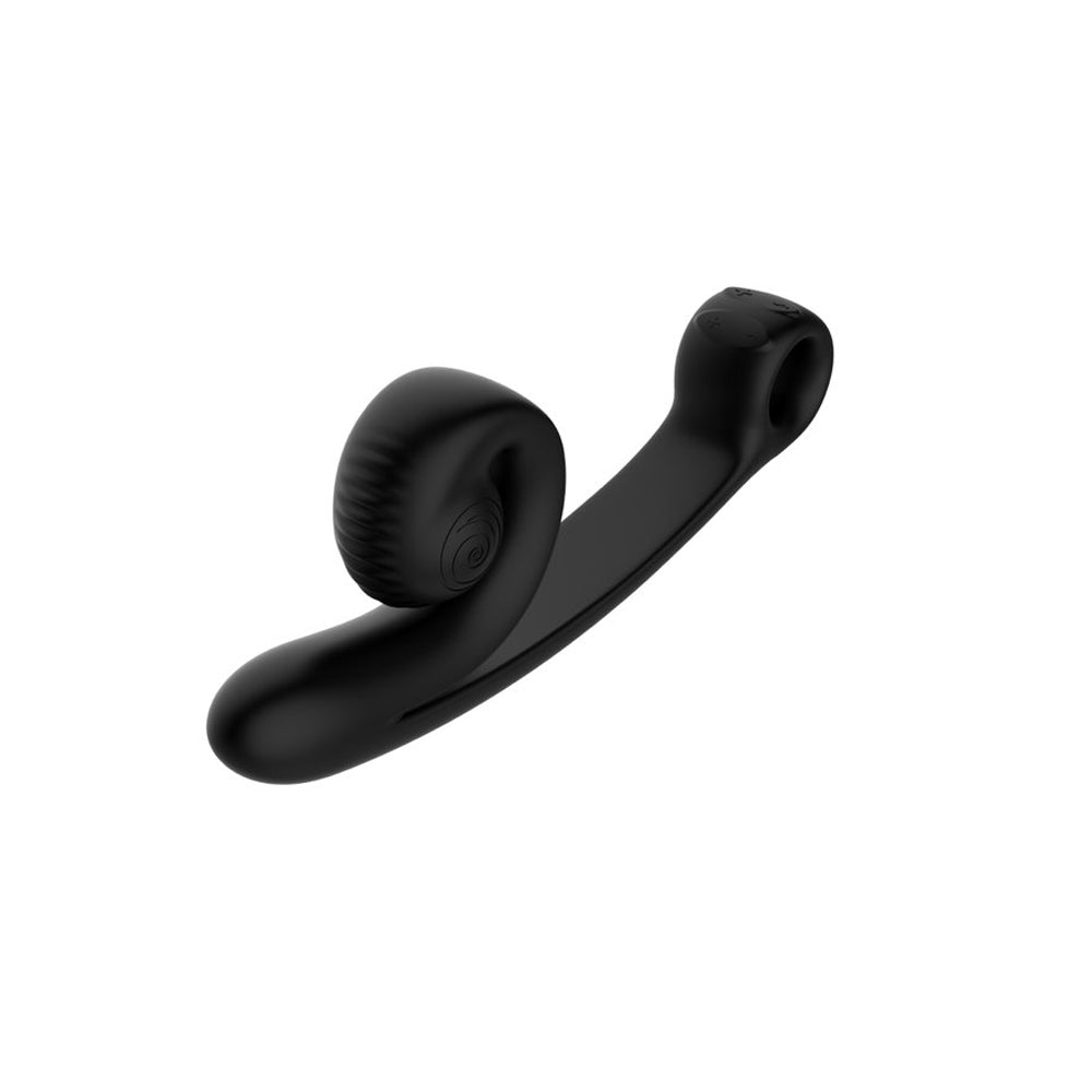 Snail Vibe Curve Dual Stimulator Black showcasing its ergonomic design and textured features for enhanced pleasure.