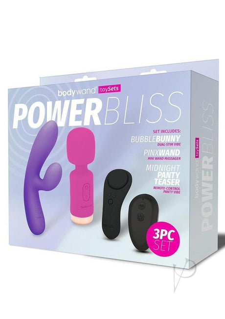 Bodywand Power Bliss Set (3 Piece) Assorted Colors featuring Bubble Bunny, Pinx Wand, and Midnight Panty Teaser.
