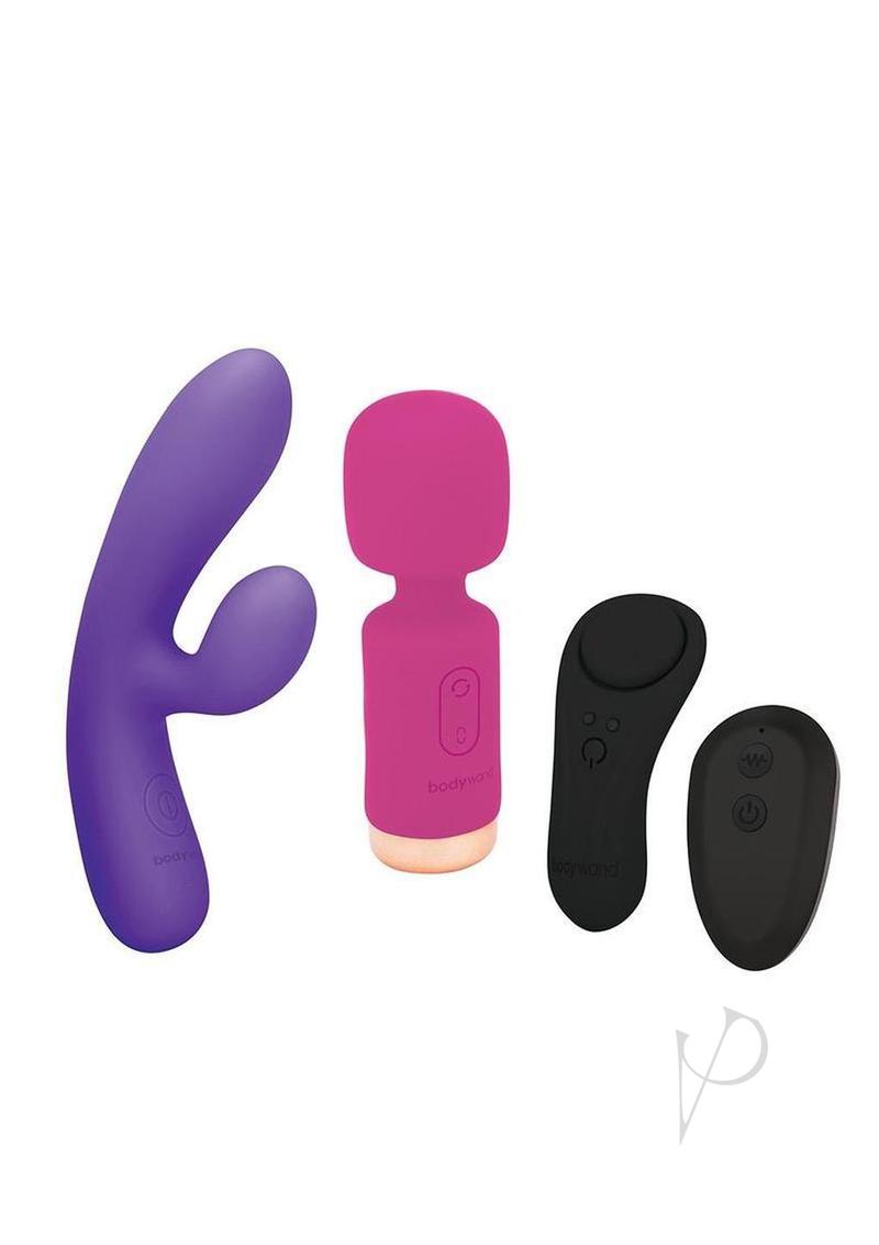 Bodywand Power Bliss Set (3 Piece) Assorted Colors featuring a purple dual stim vibe, pink mini wand, and black remote.