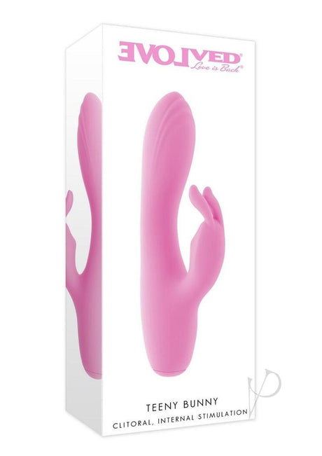 Teeny Bunny Rechargeable Silicone Rabbit Vibrator Pink packaging showing a compact, stylish design for dual stimulation.