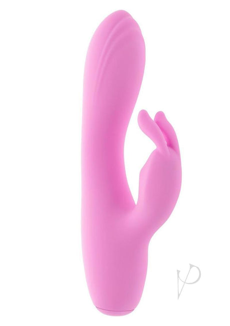 Teeny Bunny Rechargeable Silicone Rabbit Vibrator Pink showcasing its compact design for dual stimulation.
