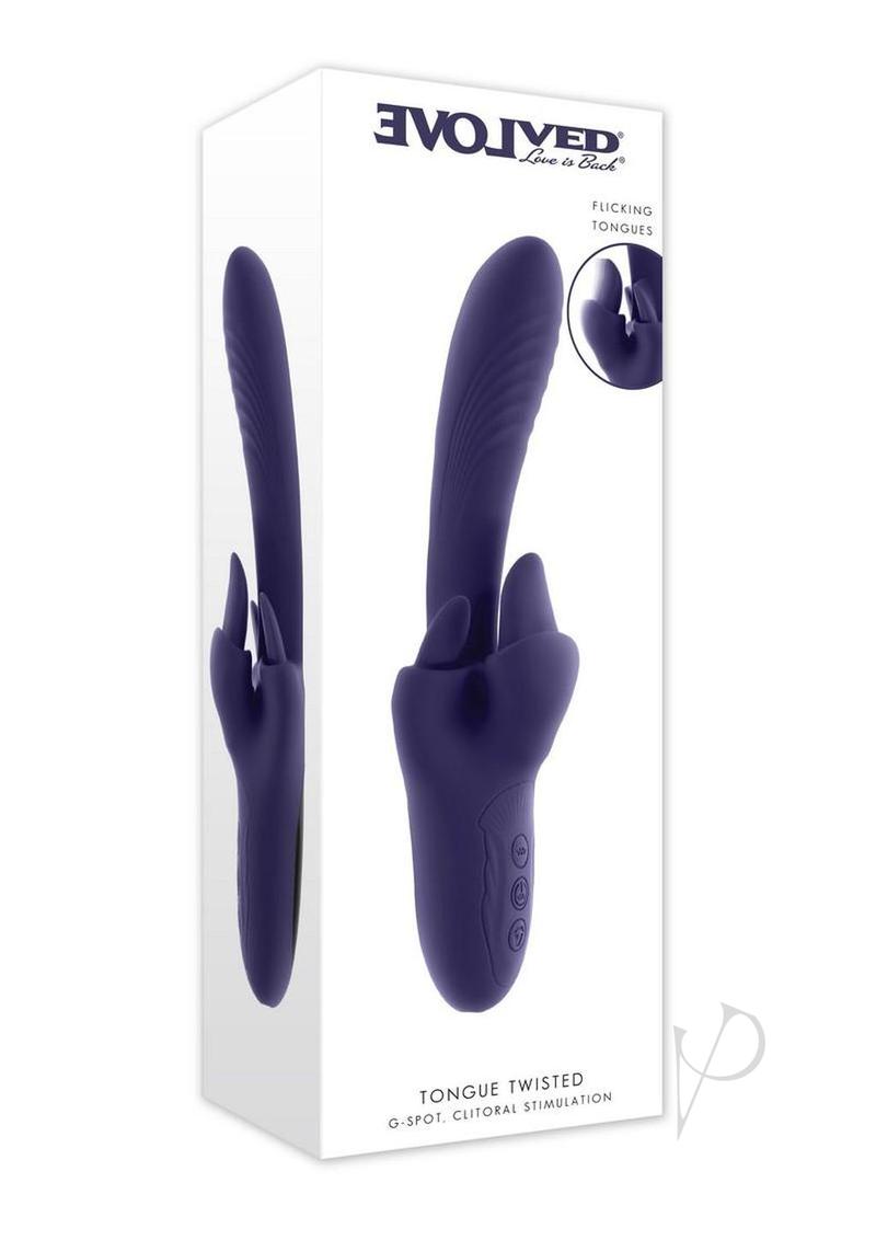 Evolved Tongue Twisted Silicone Clitoral Stimulator Purple packaging featuring flicking tongues and controls.