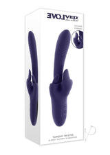 Evolved Tongue Twisted Silicone Clitoral Stimulator Purple packaging featuring flicking tongues and controls.