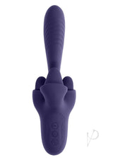 Evolved Tongue Twisted Silicone Clitoral Stimulator Purple featuring three flickering tongues and vibrating shaft.