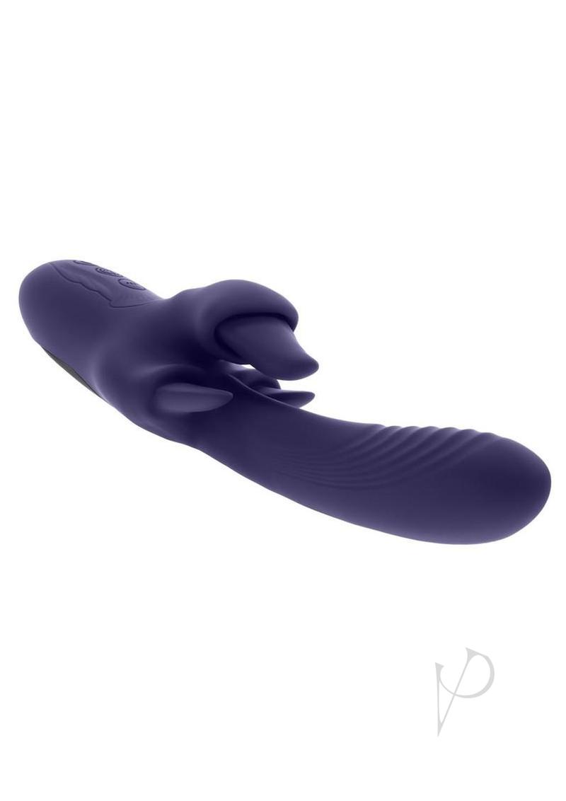 Evolved Tongue Twisted Silicone Clitoral Stimulator Purple angled view showcasing its textured design and silicone tongues.