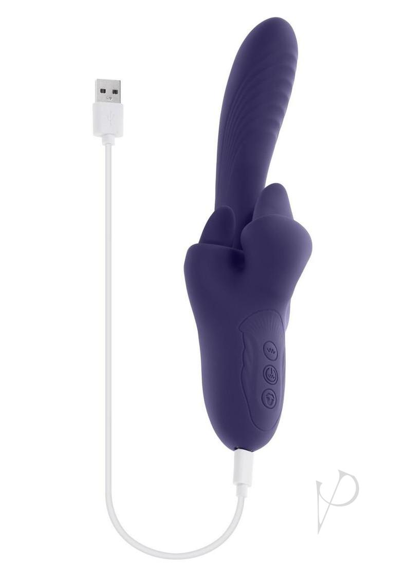 Evolved Tongue Twisted Silicone Clitoral Stimulator Purple with USB charging cable, featuring textured design.