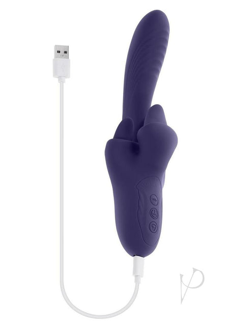 Evolved Tongue Twisted Silicone Clitoral Stimulator Purple with USB charging cable, featuring textured design.