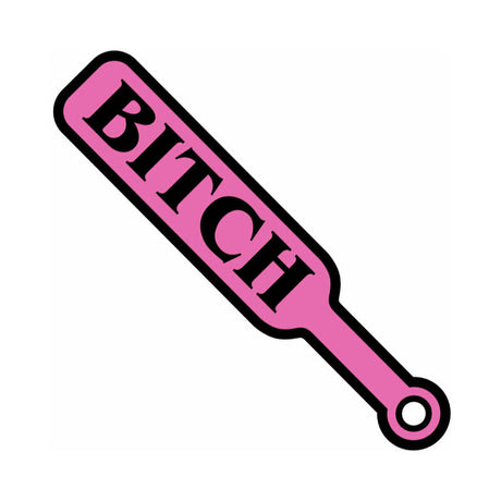 Wood Rocket Sex Toy Pin Bitch Paddle Pink design featuring the word BITCH on a bright pink paddle.