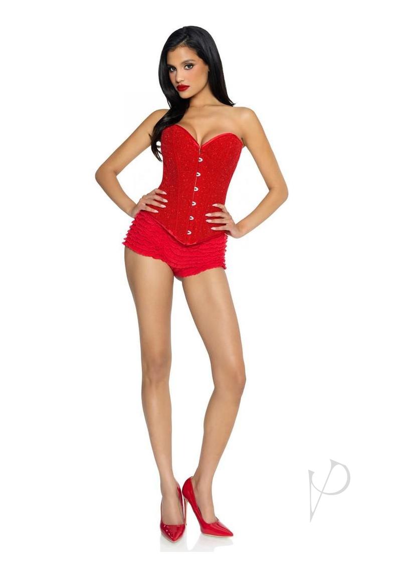 Leg Avenue Glitter Boned Corset with Lace-Up Back Red worn by model, featuring a sweetheart neckline and sparkling design.
