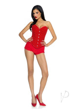 Leg Avenue Glitter Boned Corset with Lace-Up Back Red worn by model, featuring a sweetheart neckline and sparkling design.