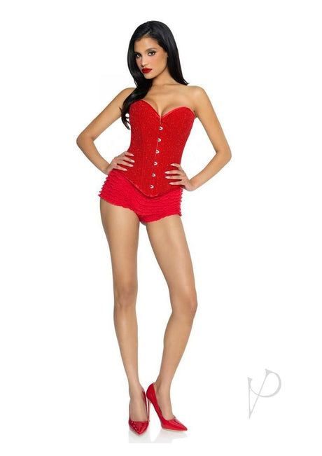 Leg Avenue Glitter Boned Corset with Lace-Up Back Red worn by model, featuring a sweetheart neckline and sparkling design.