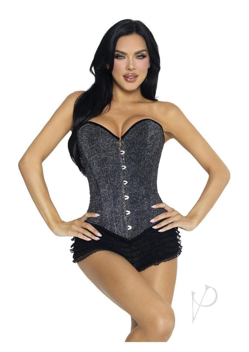 Leg Avenue Glitter Boned Lace-Up Corset Small Black showcased with ruffled shorts in a stylish pose.