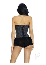 Leg Avenue Glitter Boned Lace-Up Corset Small Black features a structured design with matching ruffled shorts.