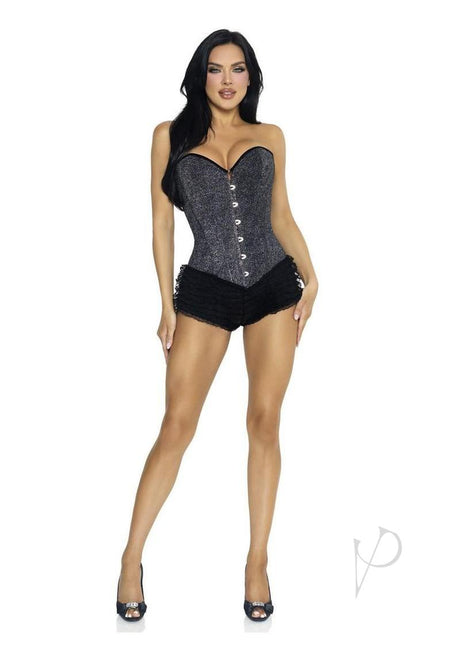 Leg Avenue Glitter Boned Lace-Up Corset Small Black paired with matching ruffled shorts for a glamorous look.