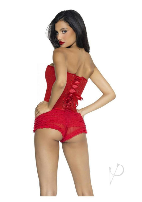 Leg Avenue Glitter Boned Lace-Up Corset Large Red showcased with matching ruffled shorts in a vibrant red color.