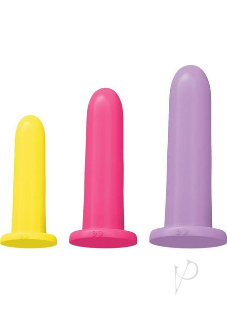 Rock Candy Beginner Silicone Dilator Set 3 Piece Multicolor featuring yellow, pink, and purple silicone dilators.