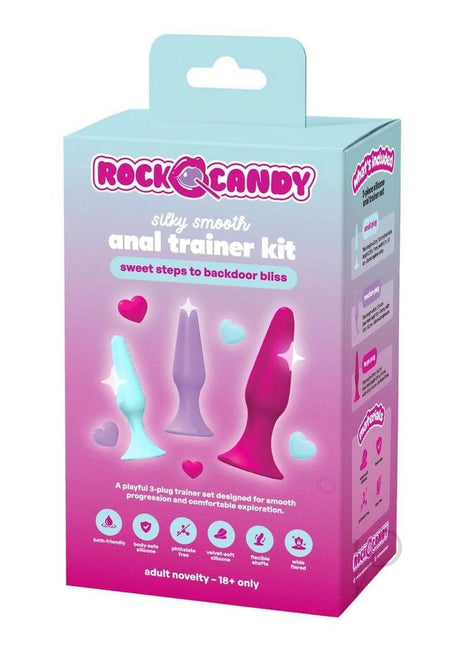 Rock Candy 3 Piece Silicone Anal Training Kit Multicolor packaging with three tapered trainers in playful colors.