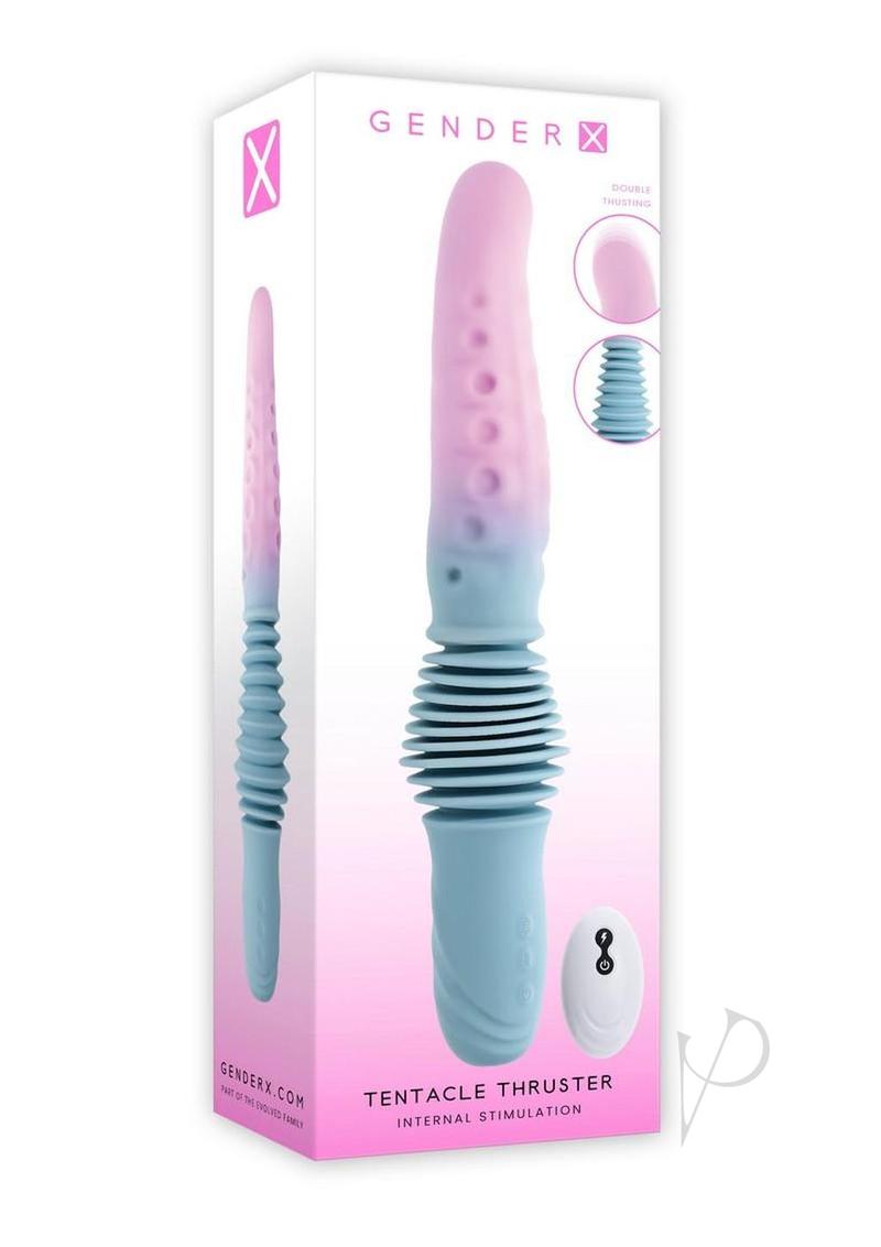 Gender X Tentacle Thruster Silicone Vibrator Blue and Pink packaging showcasing its vibrant colors and textured design.