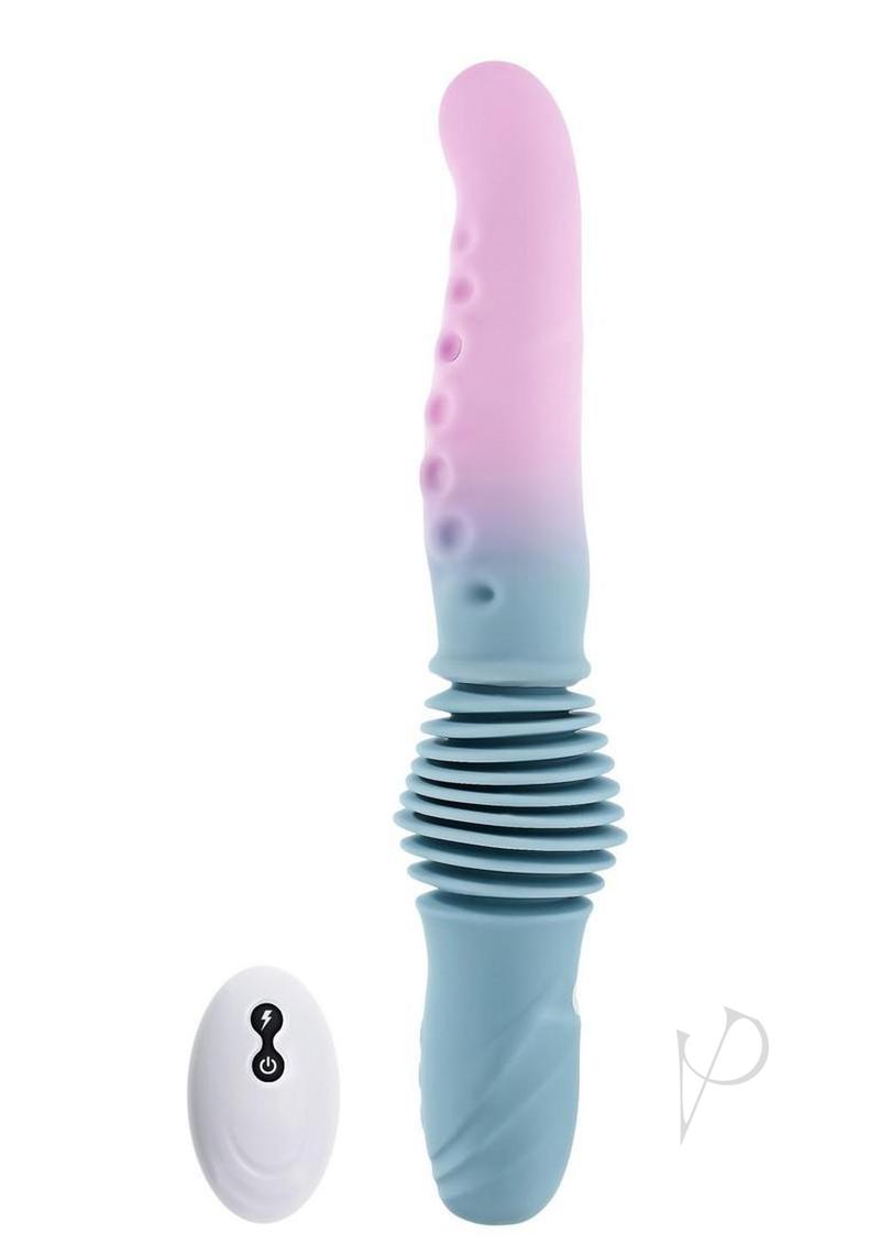 Gender X Tentacle Thruster Silicone Vibrator Blue and Pink with textured shaft and remote control.