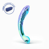 Biird Kalii Glass G-spot Dildo displayed with a free storage case, showcasing its elegant design and colors.