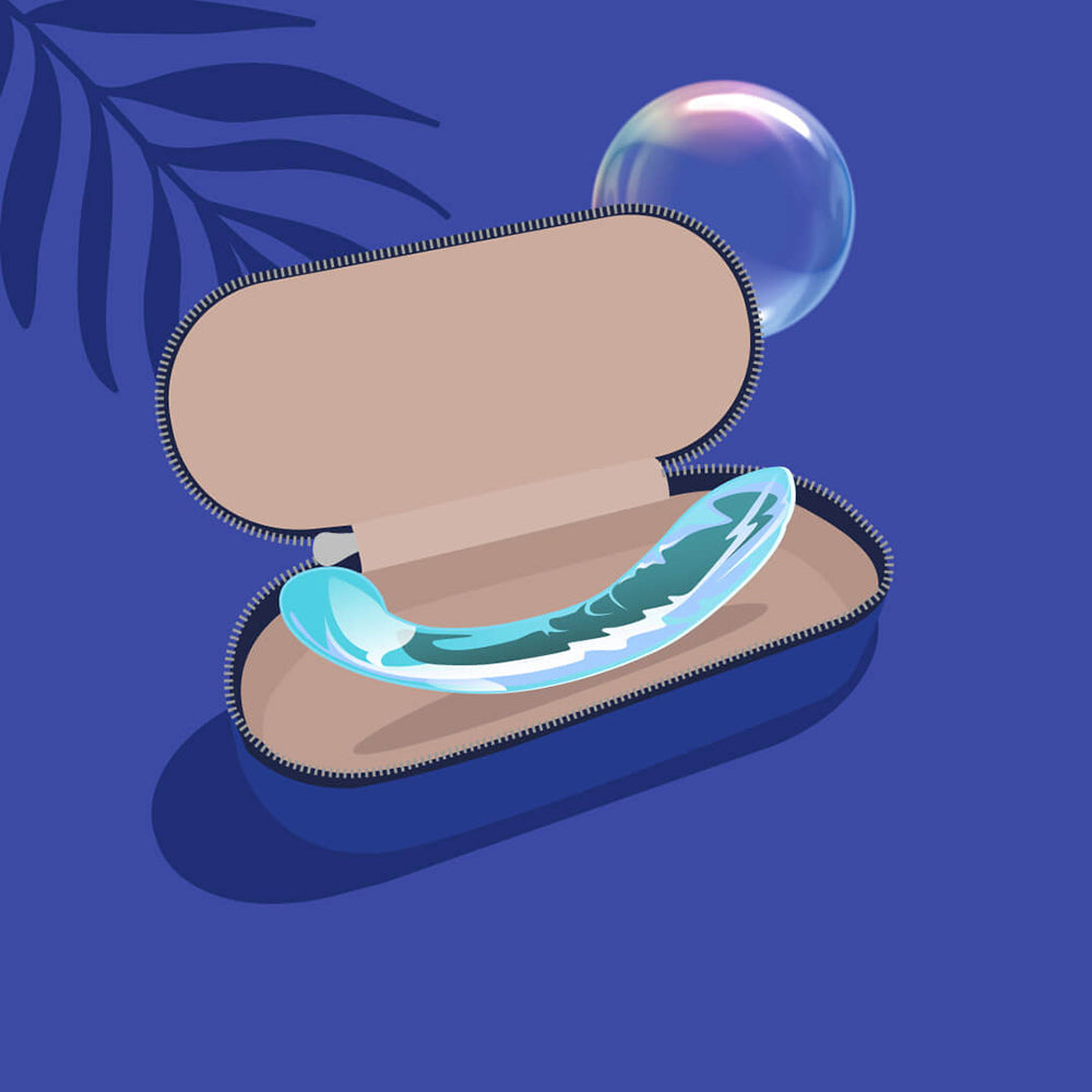 Biird Kalii Glass G-spot Dildo inside a stylish case on a blue background.