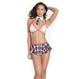 School Girl Fishnet Bralette and Plaid Skirt Set White Red featuring fishnet bralette, plaid skirt, and collar accessory.