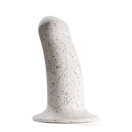 Biird Boo 5.5 Inch Silicone Suction Cup Dildo Blue in a speckled design, showcasing its unique shape and soft texture.