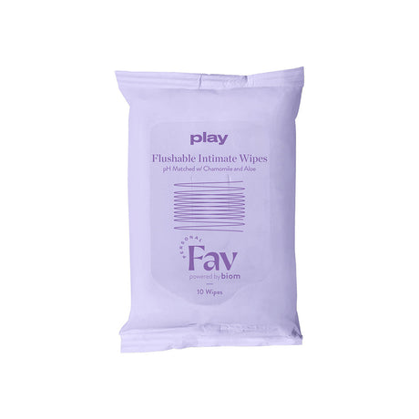 Personal Fav Play Flushable Intimate Wipes 10-pack package front view with calming design.