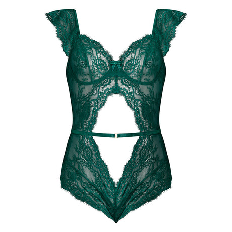 Magic Silk Evermore Cutout Romper Emerald S/M featuring elegant lace and stylish cutouts in rich emerald green.