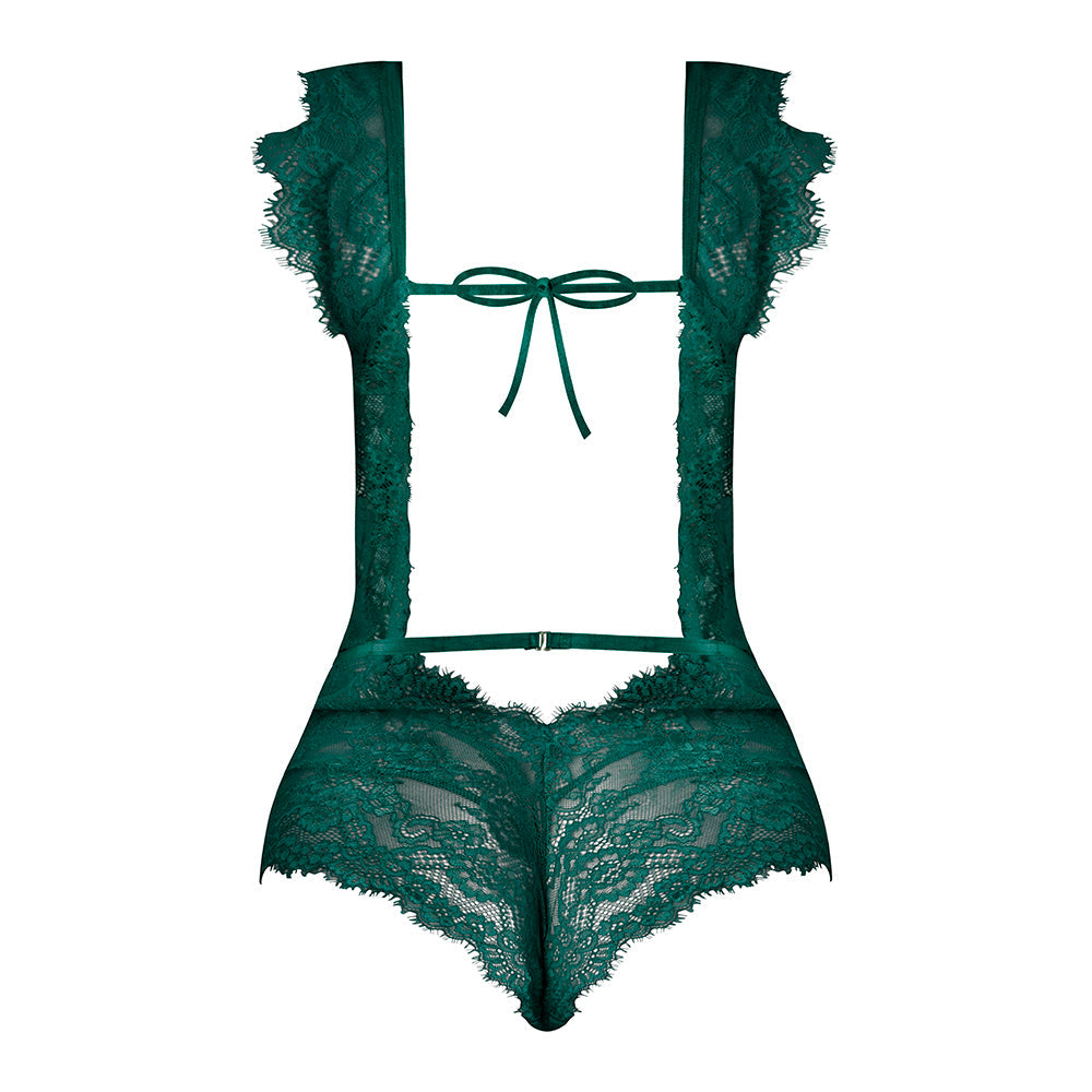 Magic Silk Evermore Cutout Romper Emerald S/M with delicate lace and playful cutouts in rich emerald color.